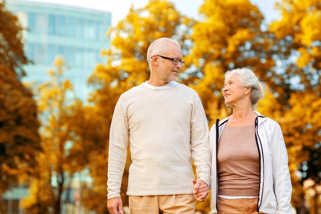 concepto de familia, edad, turismo, viajes y personas - pareja mayor en el parque de la ciudad