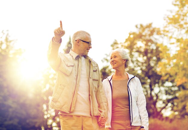 concepto de familia, edad, turismo, viajes y personas - pareja mayor en el parque