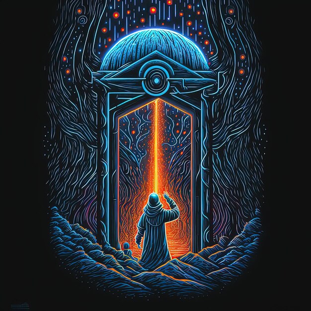 Concepto de fantasía del portal de arco iluminado en roca en dimensión subterránea Pintura de ilustración de estilo de arte digital