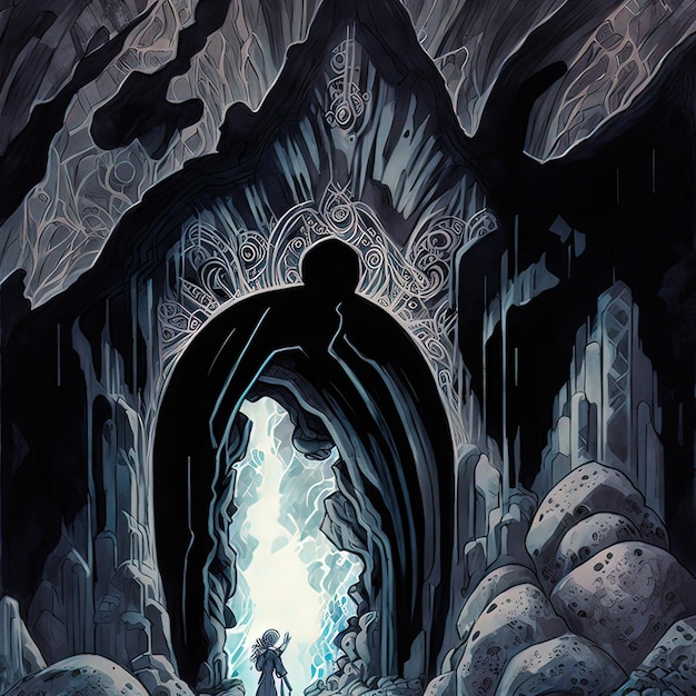 Concepto de fantasía del portal de arco iluminado en roca en dimensión subterránea Pintura de ilustración de estilo de arte digital