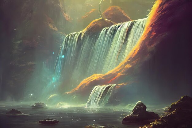 Concepto de fantasía que muestra una cascada mística en el bosque Ilustración de pintura de estilo de arte digital