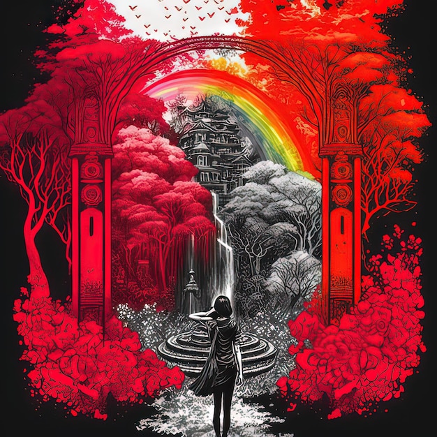 Concepto de fantasía que muestra un gran arco iris de colores en un jardín de fantasía encantado Pintura de arte digital