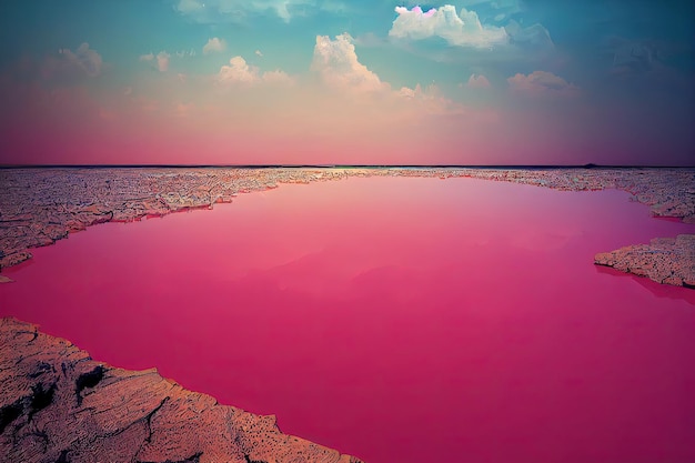 Foto concepto de fantasía que muestra un lago retba senegal un lago extremadamente salado se volvió rosa por algea