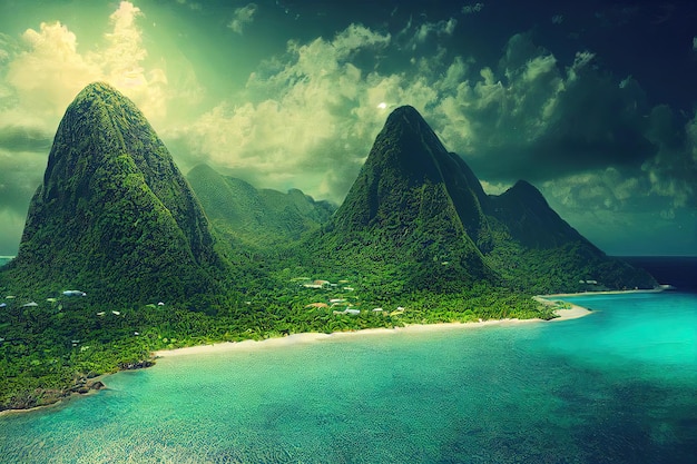 Concepto de fantasía que muestra una lujosa isla tropical de Santa Lucía en el Caribe