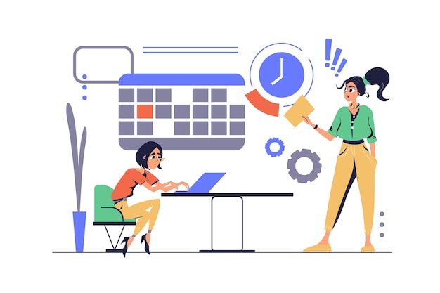 El concepto de fecha límite en el diseño moderno de dibujos animados planos para la web Mujer estresada haciendo papeleo en la computadora portátil en la oficina gerente nervioso alarmante y apresurado en la fecha límite apresurándose en el lugar de trabajo Ilustración vectorial