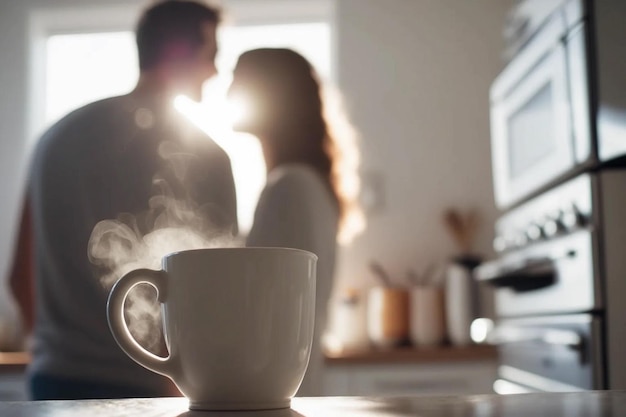 El concepto de felicidad en el hogar Una taza de café o té se vuelve vapor en el fondo una generación joven de IA familiar
