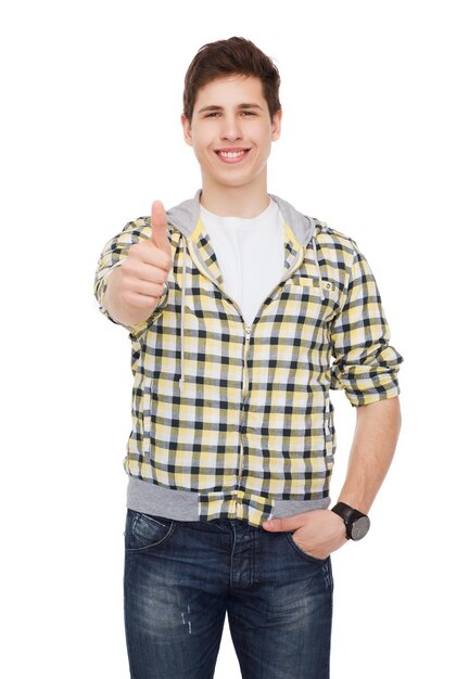 Foto concepto de felicidad, juventud y gente - estudiante sonriente mostrando gesto de aprobación