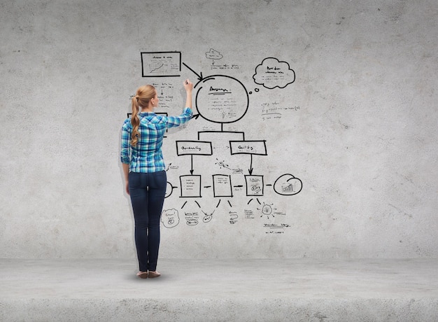 concepto de felicidad y personas - mujer joven sonriente escribiendo o dibujando un pequeño plan en la pantalla virtual