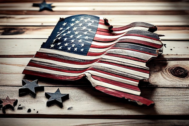 Concepto de feliz día conmemorativo hecho de bandera americana vintage sobre fondo blanco de madera Ai generativo