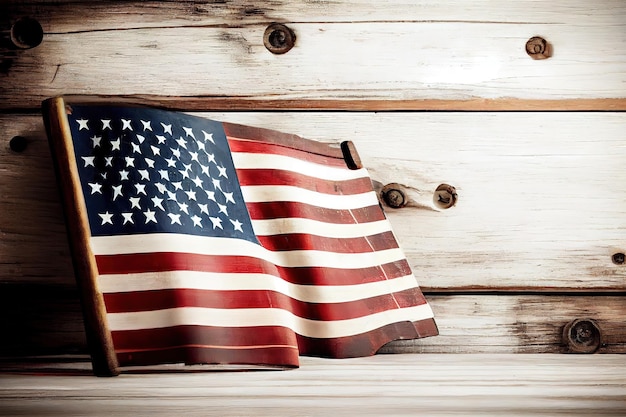 Concepto de feliz día conmemorativo hecho de bandera americana vintage sobre fondo blanco de madera Ai generativo