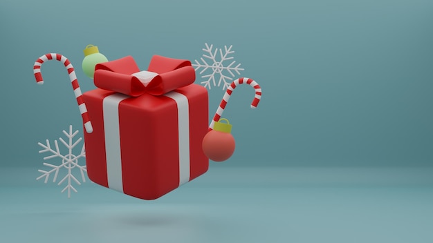 Concepto Feliz Navidad y Próspero Año Nuevo con caja de regalo y copo de nieve sobre fondo azul pastel. Representación 3d