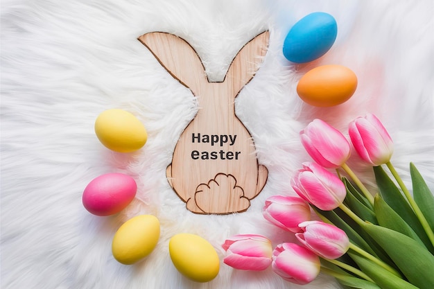 Concepto de Feliz Pascua con conejo de madera y huevos de Pascua coloridos sobre fondo blanco