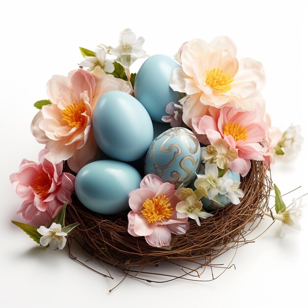 Un concepto feliz de Pascua con huevos de Pascua y algunas flores en el nido
