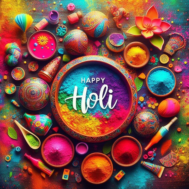 Foto el concepto del festival indio holi cuenco multicolor con fondo colorido y la escritura feliz holi