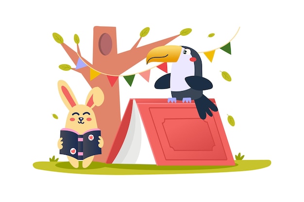Concepto de festival de libros con escena de personajes en diseño de dibujos animados plano Un conejo y un tucano