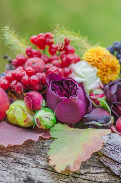 Concepto de festival de otoño de vacaciones Cosecha de otoño sobre fondo de madera