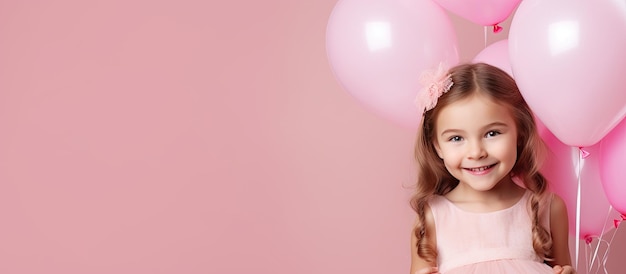 Concepto de fiesta de feliz cumpleaños con una chica linda con un vestido de princesa sosteniendo un globo sobre un fondo rosa con una pancarta