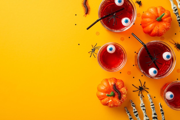 Concepto de fiesta de Halloween Foto de vista superior de ojos flotantes perforados en vasos calabazas manos esqueléticas ciempiés cucarachas arañas y confeti sobre fondo amarillo aislado con espacio de copia