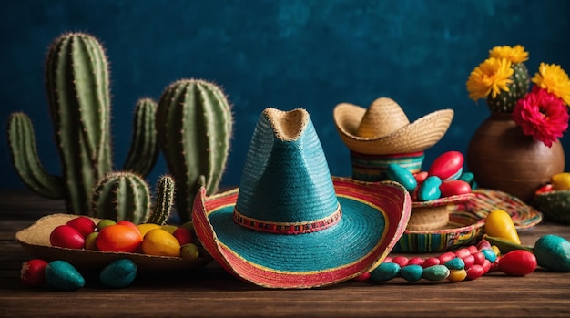 Concepto de fiesta mexicana y sombre sombrero con cactus colocado en una mesa de madera con fondo azul