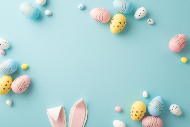 Concepto de la fiesta de Pascua Foto de vista superior de las orejas del conejo de Pascua huevos blancos rosados azules y amarillos en un fondo azul pastel aislado con copyspace en el medio