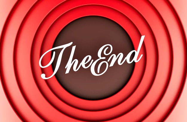 El concepto de final de pantalla de final de película de estilo retro en renderización 3D de color rojo