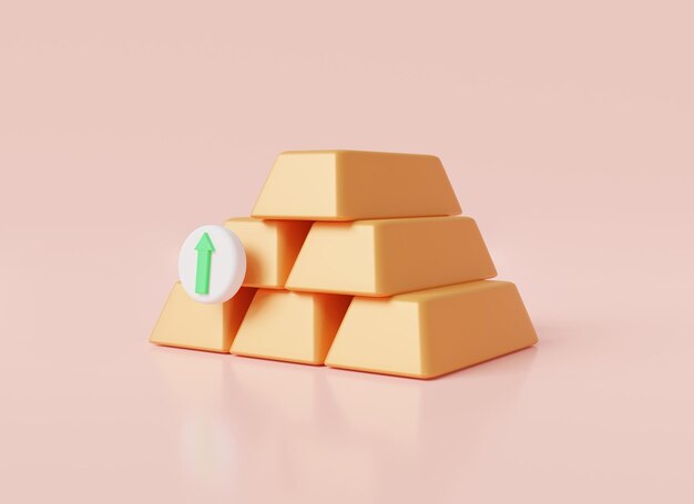 Concepto financiero Barras de oro con flecha hacia arriba en fondo rosa Comercio e inversión banca negocios finanzas dinero crecimiento lingotes Crecimiento económico financiero en el comercio Ilustración de renderización 3D
