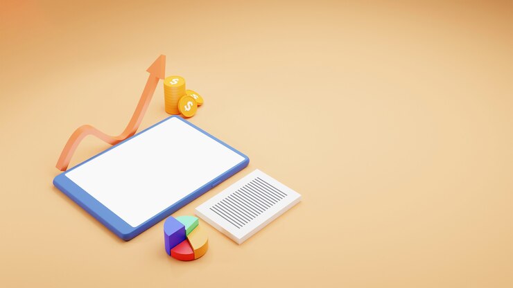Foto concepto financiero empresarial con vista superior del teléfono inteligente 3d, gráfico circular, pila de monedas y flecha creciente sobre fondo amarillo.