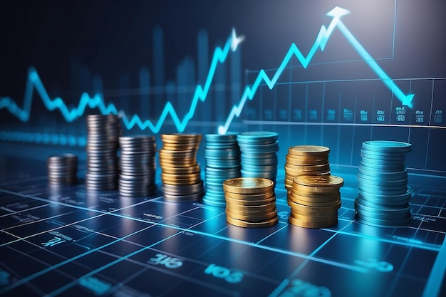 Foto concepto de finanzas y negocios gráfico de inversiones y filas de monedas concepto de finanzas y negocios