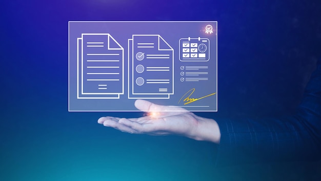 Concepto de firma electrónica Empresario de firma electrónica firma documentos electrónicos en documentos digitales en la pantalla de una computadora portátil virtual usando un lápiz óptico Idea de lugar de trabajo sin papel