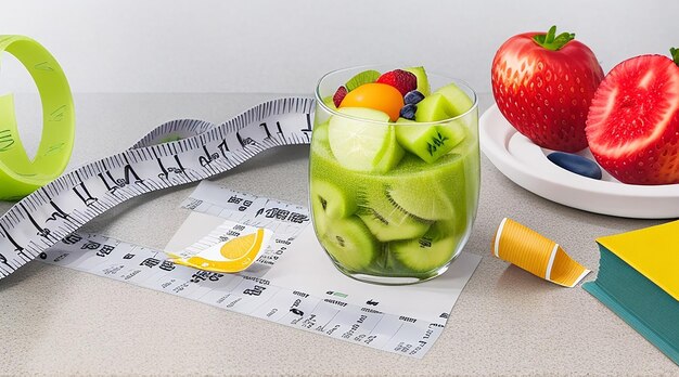 Concepto de fitness con frutas verduras cinta métrica y libro de texto