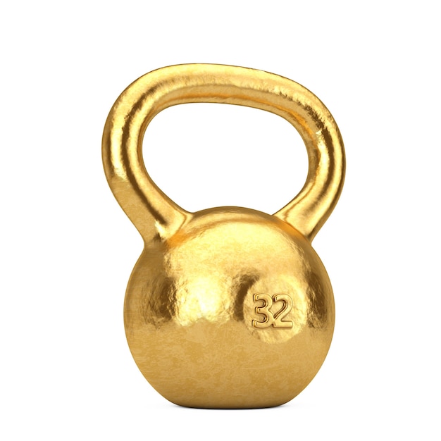 Concepto de fitness. Peso con mancuernas de oro sobre un fondo blanco. Representación 3D