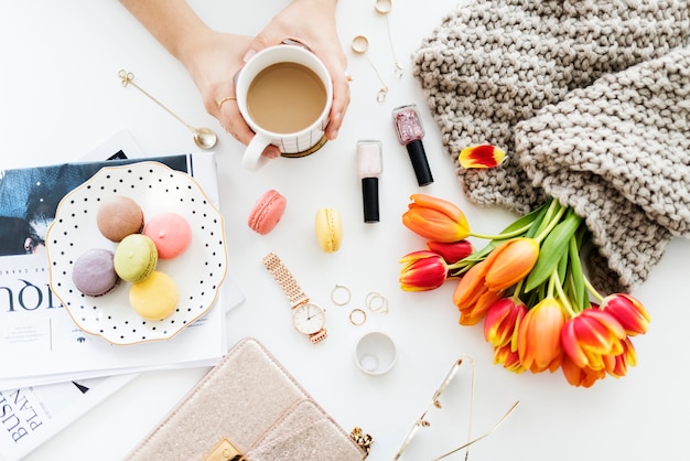 Concepto de flatlay de estilo de vida de mujer