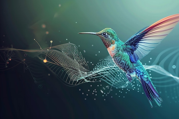 Concepto de flujo de datos armonioso que incluye un colibrí digital Generative Ai