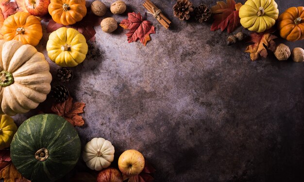 Concepto de fondo de acción de gracias con hojas de otoño, calabaza y decoración otoñal estacional sobre fondo de piedra oscura.