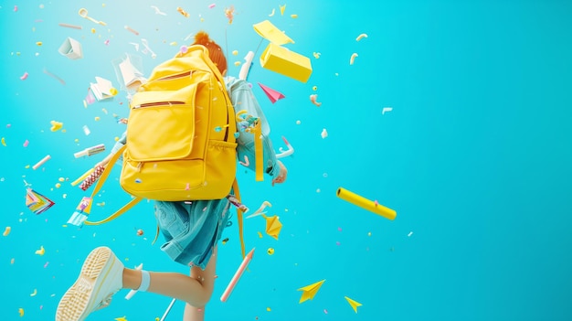 Foto concepto de fondo escolar mochila amarilla los suministros escolares caen de la mochila y levitan