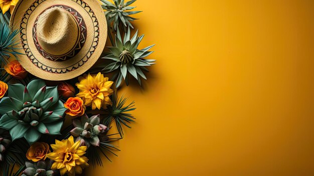 Foto el concepto de fondo del estandarte del cinco de mayo con ornamento de sombrero, cactus y flores