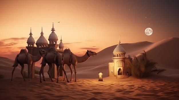 Concepto de fondo islámico con linterna árabe y camellos