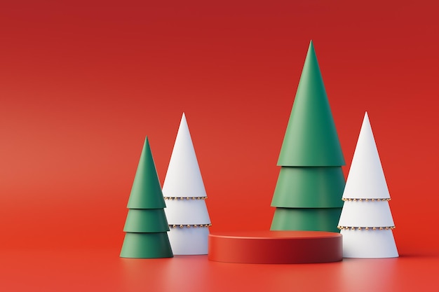 Concepto de fondo de Navidad con podio 3d para la presentación del producto Objeto geométrico rojo y blanco sobre fondo rojo Ilustración 3d