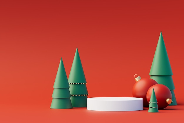 Concepto de fondo de Navidad con podio 3d para la presentación del producto Objeto geométrico verde y dorado rojo sobre fondo rojo Ilustración 3d