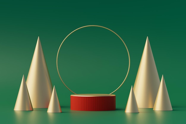 Concepto de fondo de Navidad con podio 3d romano para la presentación del producto Objeto geométrico rojo y dorado sobre fondo verde Ilustración 3d