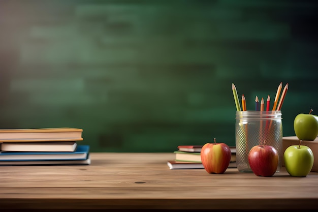 Concepto de fondo de regreso a la escuela con papelería colorida en mesa de madera IA generativa