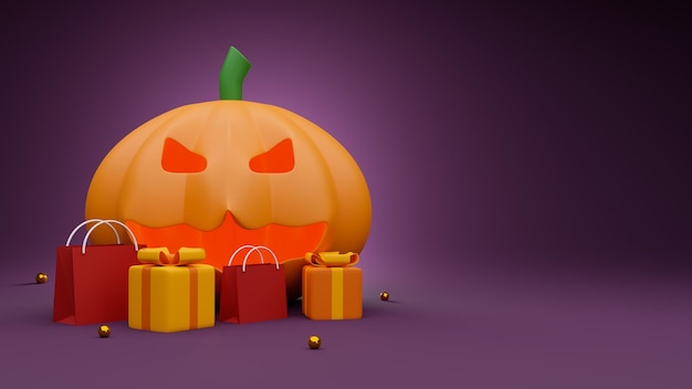 Foto concepto de fondo de venta de halloween plantilla de diseño de cartel o volante de publicidad web social y anuncios de moda con fantasma de calabaza y caja de regalo de bolsa de compras sobre fondo púrpura 3d renderin