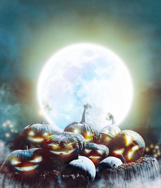 Concepto de fondo vertical del festival de Halloween, montones de calabaza Jack o linterna y super luna llena