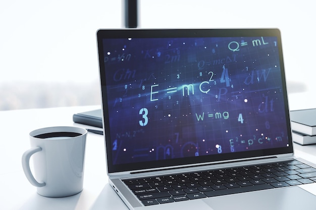 Concepto de fórmula científica creativa en la representación 3D de la pantalla del portátil moderno