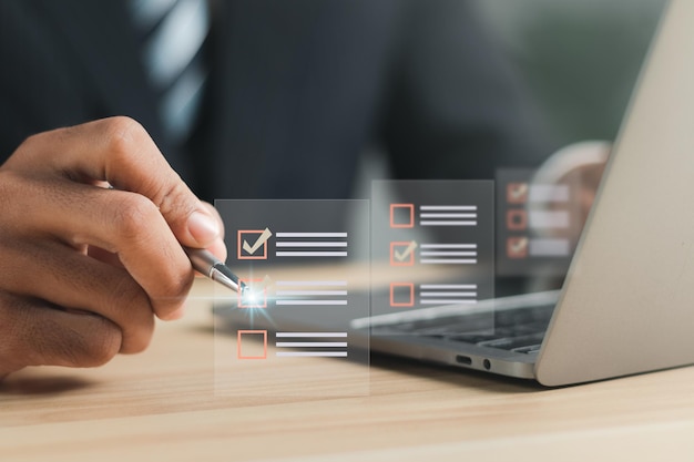 Concepto de formulario de encuesta Cuestionario con casillas de comprobación Rellenar el formulario de encuesta en línea Responder preguntas de la prueba Educación tecnología futurista y concepto de aprendizaje