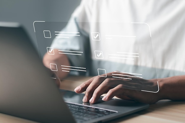 Concepto de formulario de encuesta Cuestionario con casillas de comprobación Rellenar el formulario de encuesta en línea Responder preguntas de la prueba Educación tecnología futurista y concepto de aprendizaje