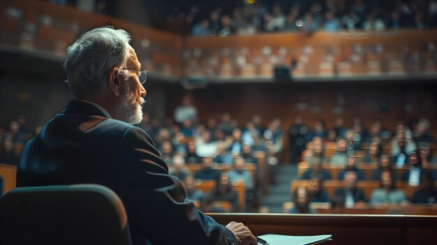 Foto concepto fotorrealista de un profesor universitario dando una conferencia en una gran sala de conferencias