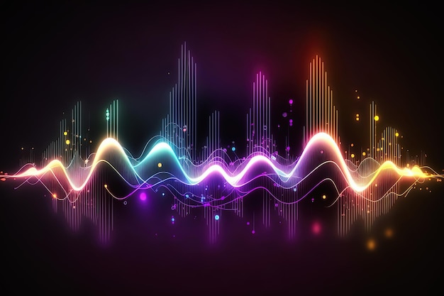 Concepto de frecuencias de audio de música de onda de sonido Fondo abstracto colores de neón IA generativa