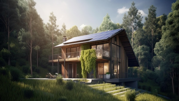 El concepto de fuentes de energía alternativas Casa en el bosque con panel solar Generar Ai