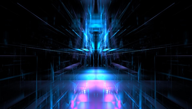 Concepto futurista escena de espectáculo vacío Fondo de neón de brillo geométrico abstracto, banner de tecnología. Exhibición de productos, Escena 3D Render